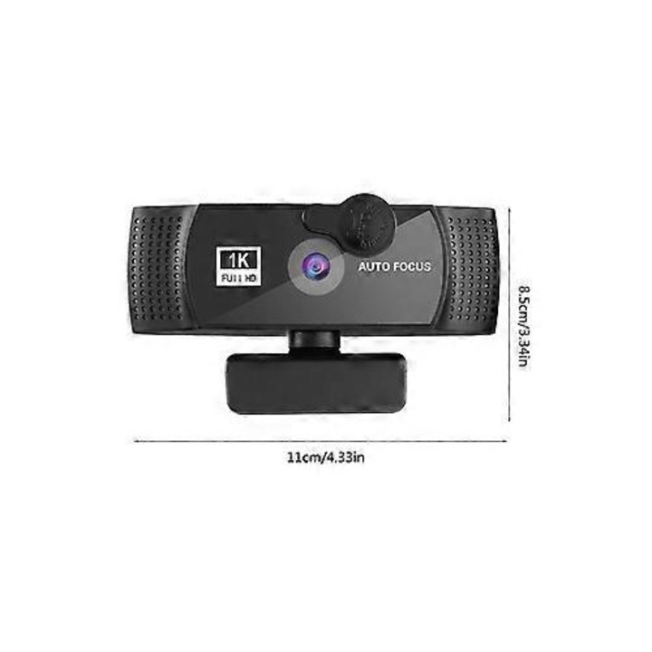 Уеб камера USB FRU-CJK0424-260918-053, резолюция 1K/2K/4K/8K (варианти), автофокус, стерео микрофон, затвор за поверителност, ъгъл 120°, USB кабел 150 см, монтаж щипка/статив, черна