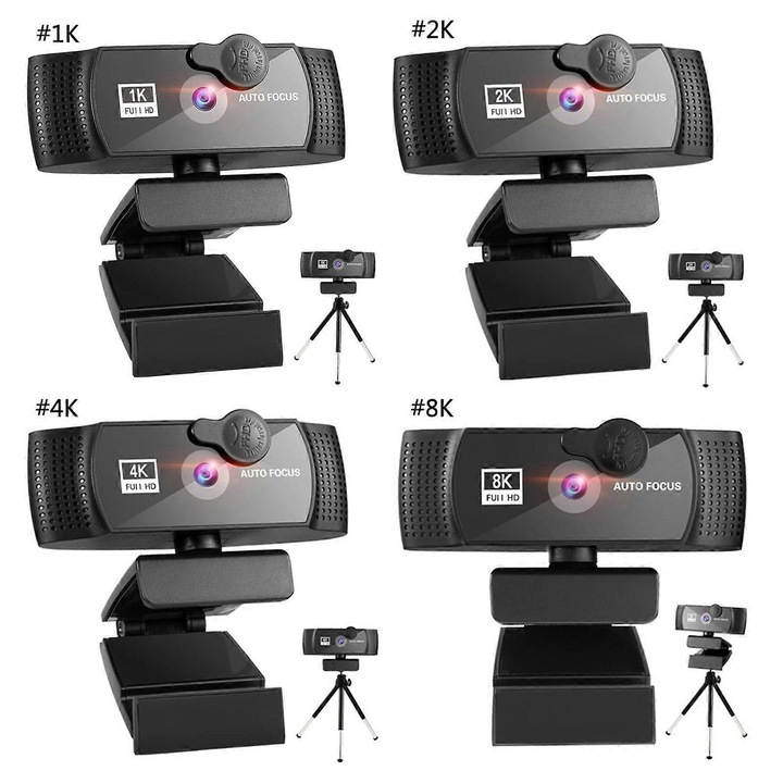 Уеб камера USB FRU-CJK0424-260918-053, резолюция 1K/2K/4K/8K (варианти), автофокус, стерео микрофон, затвор за поверителност, ъгъл 120°, USB кабел 150 см, монтаж щипка/статив, черна