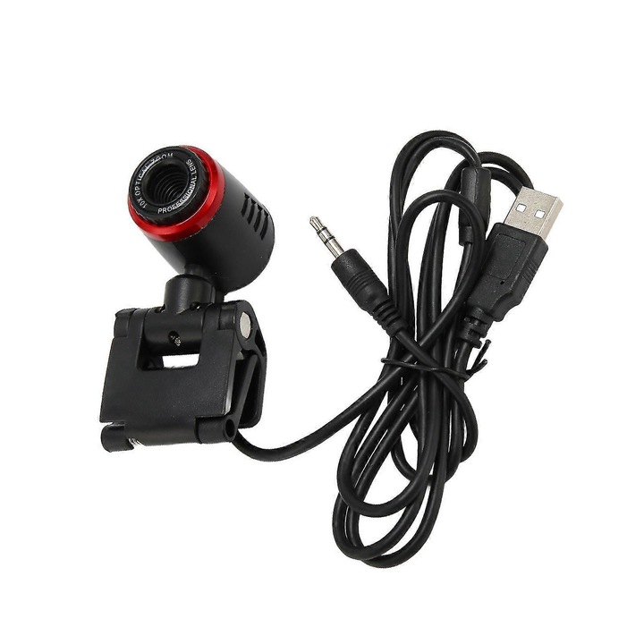 Уеб камера USB 2.0 FRU-CJK0424-260918-198, VGA 640x480 CMOS, вграден микрофон, ръчен фокус, въртене на 360° с щипка, черно/червено