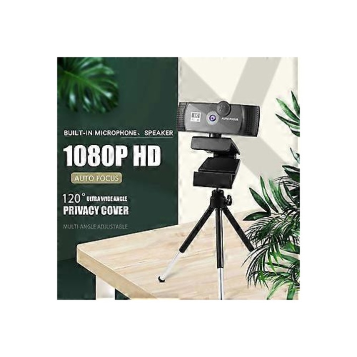 Уеб камера FRU-CJK0424-260918-317, резолюции 1K/2K/4K/8K, автофокус, вграден стерео микрофон, затвор за поверителност, ъгъл 120°, USB plug-and-play, черна