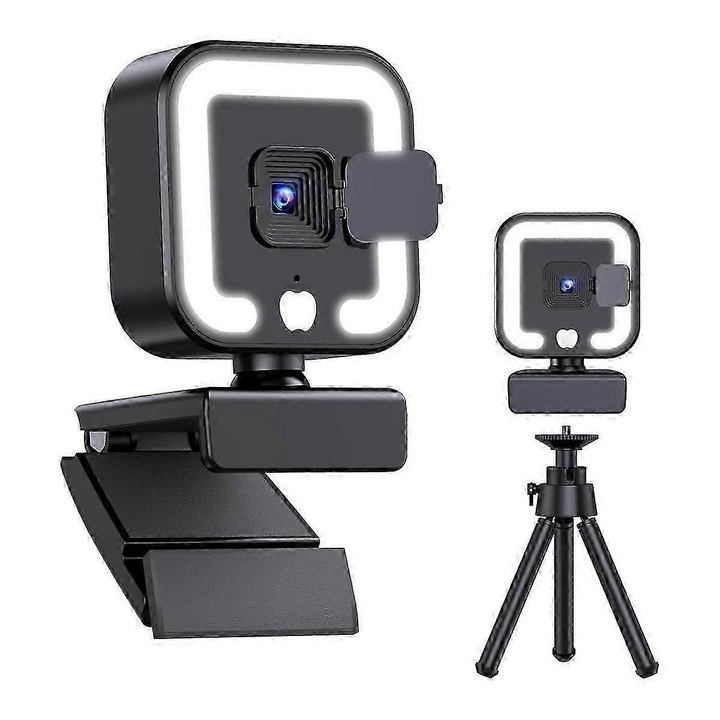 Уеб камера USB 4K FRU-CJK0424-260919-1452, автофокус, микрофон с шумопотискане, регулируема допълнителна светлина в 3 степени, широк ъгъл 90°, 30 FPS, plug-and-play, черна, със статив и капачка за обектив