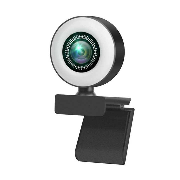 Уеб камера FRU-CJK0424-260919-459, 2K/1080P/720P, USB 2.0, регулируем LED пръстен с 3 степени и тъч, вграден микрофон, широк ъгъл, стойка за статив, черна