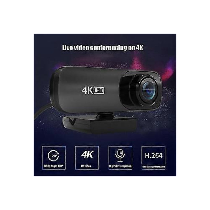 Уеб камера FRU-CJK0424-260918-1431, 4K UHD 3840x2160, ъгъл 120°, вграден микрофон, въртене на 360°, USB plug-and-play, черна, 7x3x9 см