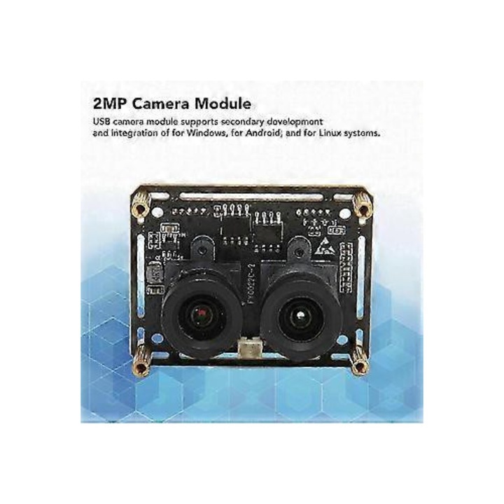 USB бинокулярен модул камера FRU-CJK0424-260919-435, 2MP (1920x1080) 1/2.7" CMOS, 3.3mm лещи без изкривяване, IR осветление 850nm, ъгъл 90°, UVC plug-and-play, съвместим с Windows/Android/Linux, черен
