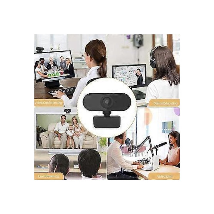Уеб камера 1080p FRU-CJK0424-260918-977, 2 MP, широк ъгъл 90°, микрофон с шумопотискане, plug-and-play USB, въртяща се основа, черно/бяло