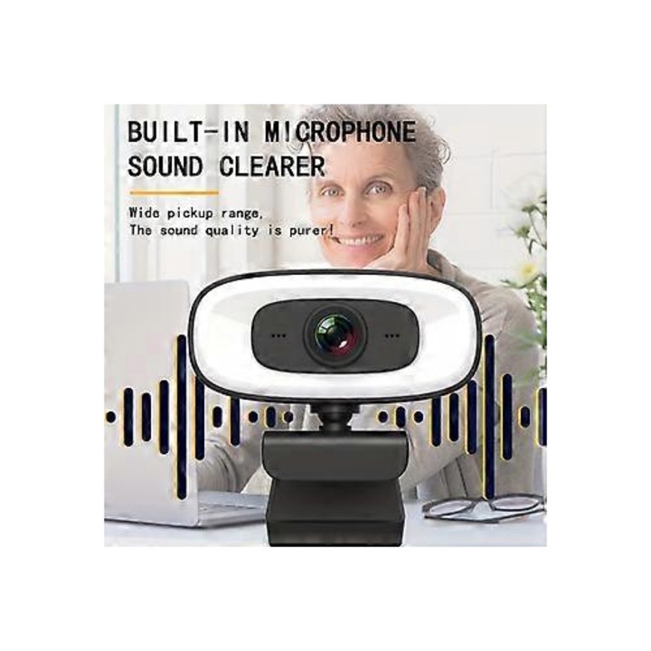 Уеб камера FRU-CJK0424-260918-596, 4K, вграден микрофон, светлина за уебкаст, USB, фиксиран фокус, бял/черен