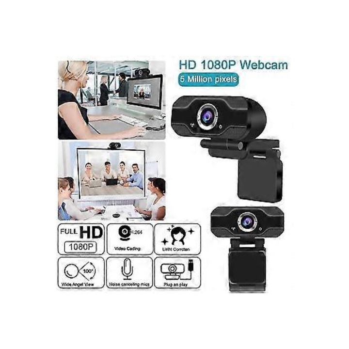 Уеб камера FRU-CJK0424-260919-284, Full HD 1080p (1920×1080) 30 fps, автофокус, цифров микрофон с намаляване на шума (до 5 м), USB 2.0 plug-and-play, универсална щипка с въртене на 360°, черна