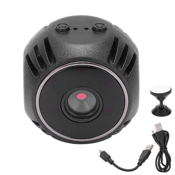 Мини камера Wi‑Fi FRU-CJK0424-260918-321, 1080P, 60° широкоъгълен обектив, детекция на движение APP/PIR, нощно виждане ~5 м, батерия 3.7V 300mAh (60 мин), черна