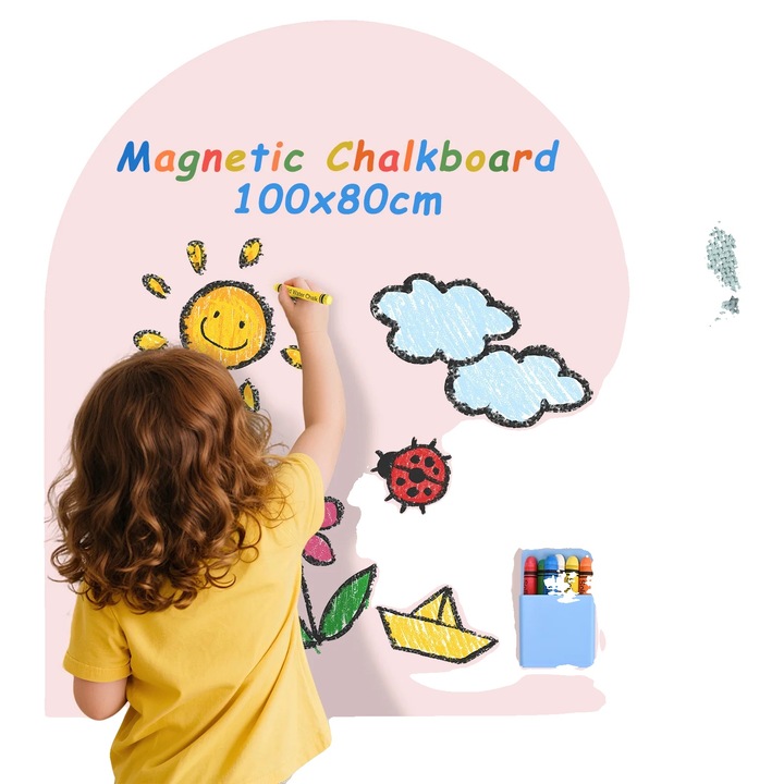 Магнитна самозалепваща се дъска 100x80 cm 8785372075970, PVC с магнитен слой, монтаж тип „отлепи и залепи“, устойчива на надраскване, безопасна за деца, розова
