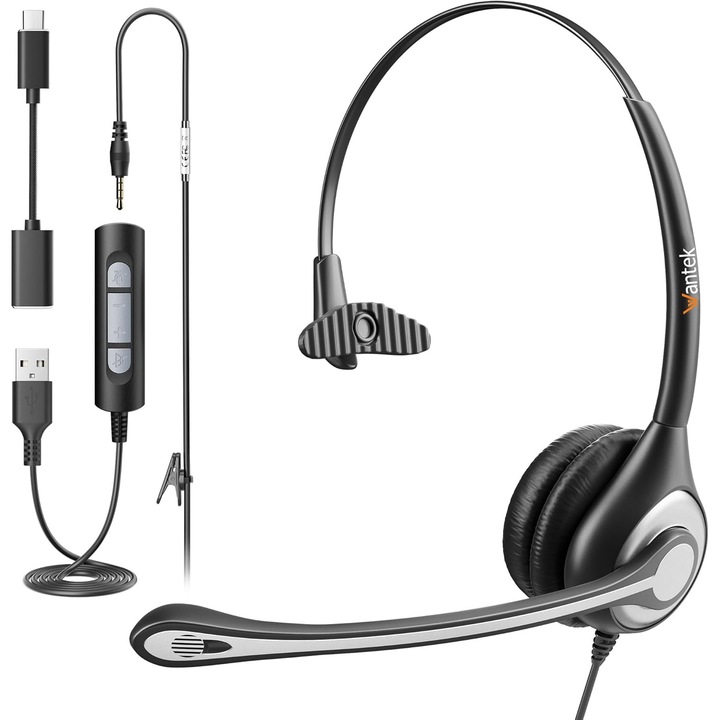 Слушалки Wantek с микрофон, USB/3.5mm/Type-C, шумопотискане
