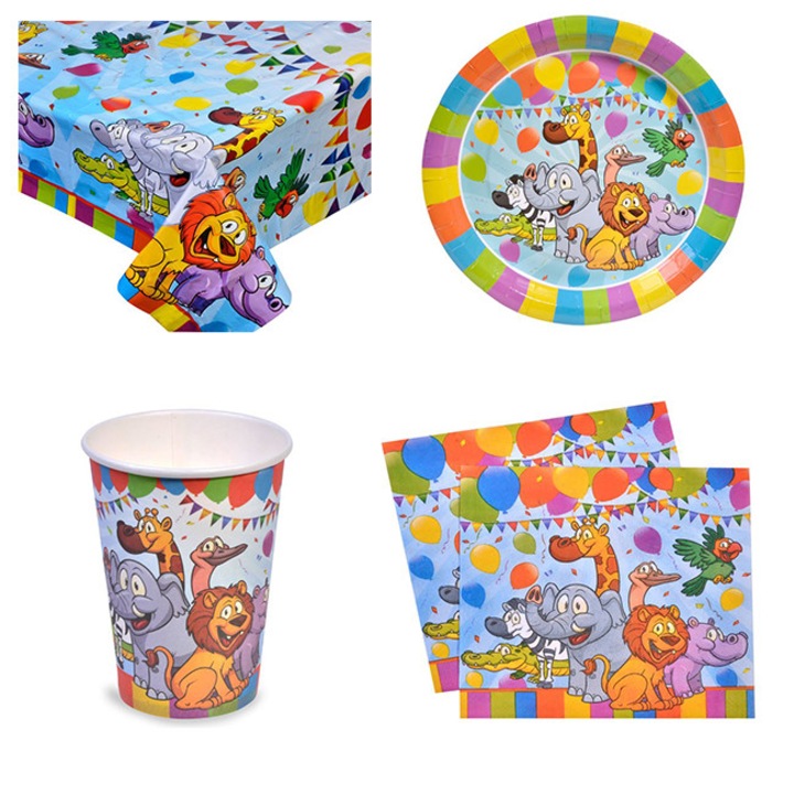 Комплект парти аксесоари, Zola®, Животни: чаши, чинии, салфетки, покривка