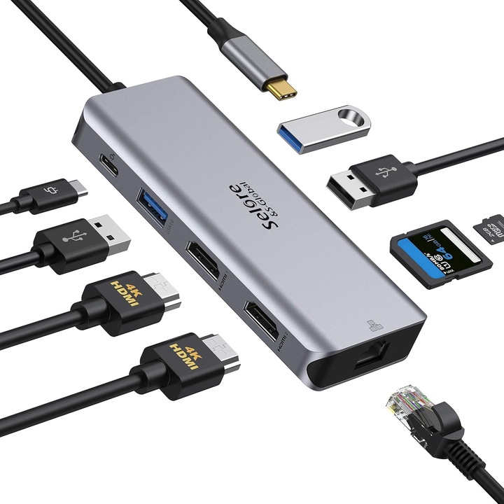 Докинг станция Andocare USB C 9-в-1, 2x HDMI 4K, Ethernet, PD 100W