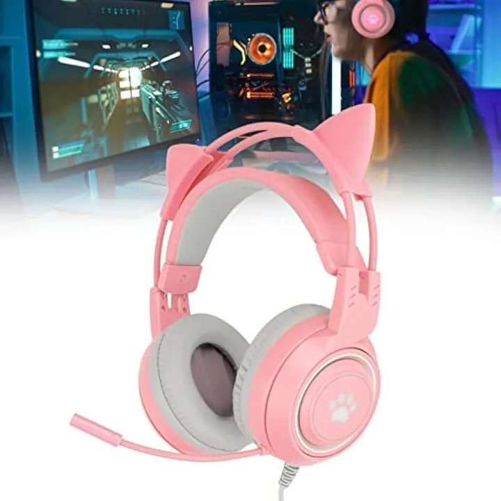 Геймърски слушалки с котешки ушички, USB геймърски слушалки, USB геймърски слушалки с котешки ушички и 3,5 мм геймърски слушалки, съвместими с регулиране (розови)