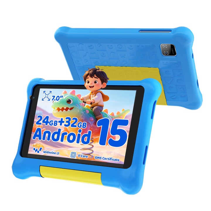 JENBIZZ Tableta copii 7 inch Android 15, 24GB+32GB, extensibil pana la 1TB, GMS certificat, incarcare rapida, camera dubla, 2800mAh, WiFi6 BT5.4, Widevine L1, husa protectie - Albastru