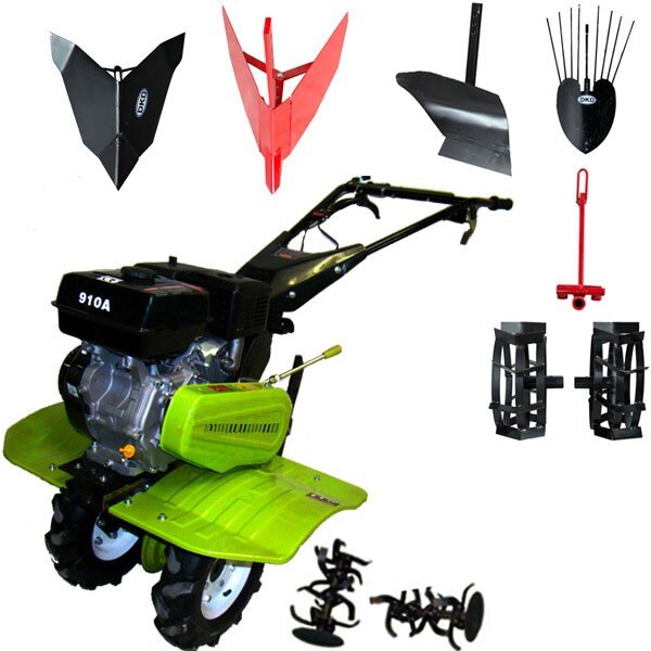 Set Motosapa DKD LY910, 7 CP, latime de lucru 80 /-/ 100 cm, grup din fonta, roti metal, rarita reglabila, plug arat, plug cartofi, rarita fixa, cupla montaj accesorii