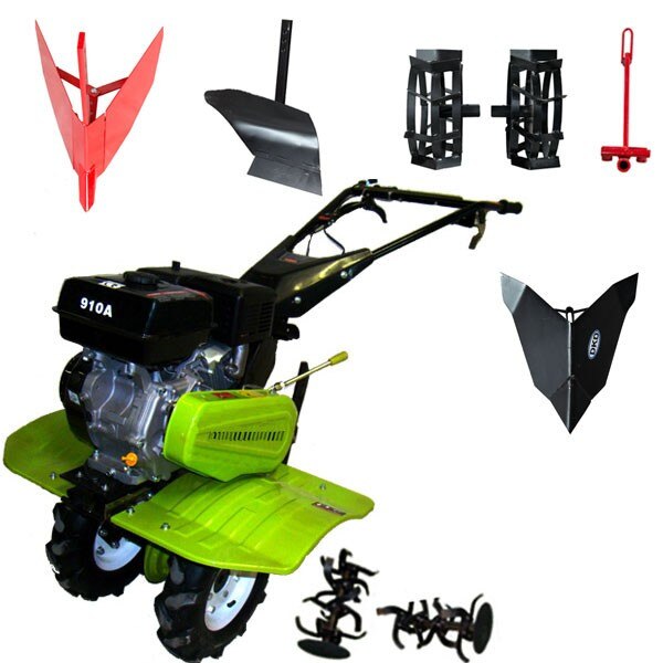 Set Motosapa DKD LY910, 7 CP, latime de lucru 80 - 100 cm, grup din fonta, roti metal, rarita reglabila, plug arat, rarita fixa, cupla montaj accesorii