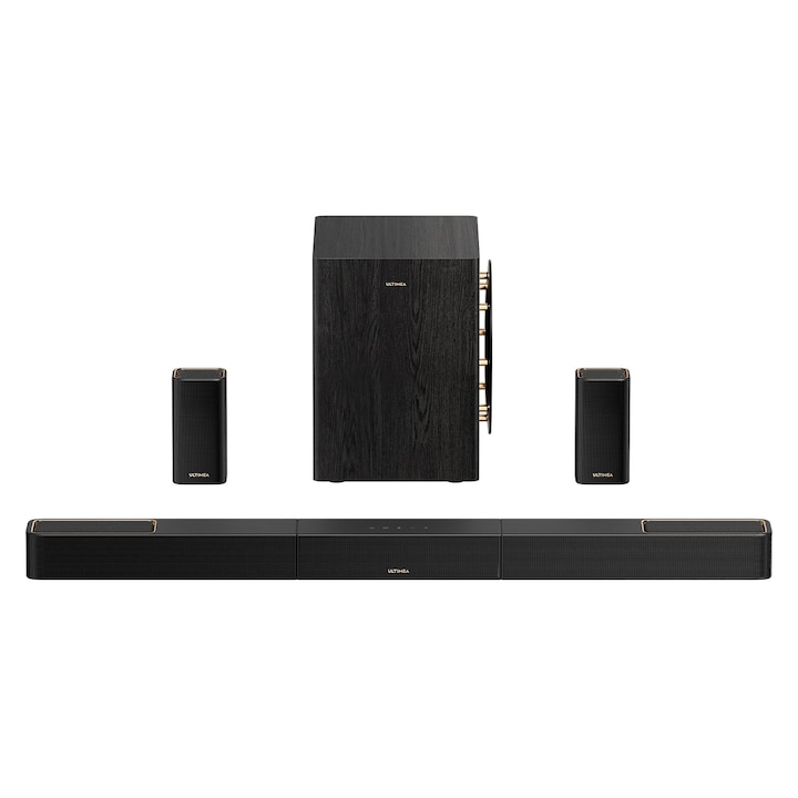Soundbar Corenia QRE-5000533 5.1.2, Dolby Atmos, subwoofer si boxe surround fara fir, 530 W, HDMI eARC, Bluetooth 5.4, 110 cm, negru