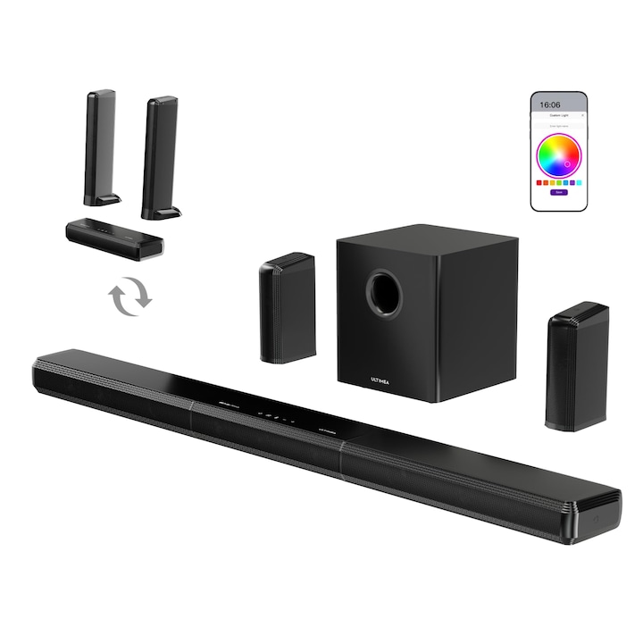 Soundbar Corenia QRE-5000535, sistem 9.1 canale 470 W cu subwoofer wireless 6,5", sateliti spate, RGB si Bluetooth/HDMI/AUX, negru, 105 cm