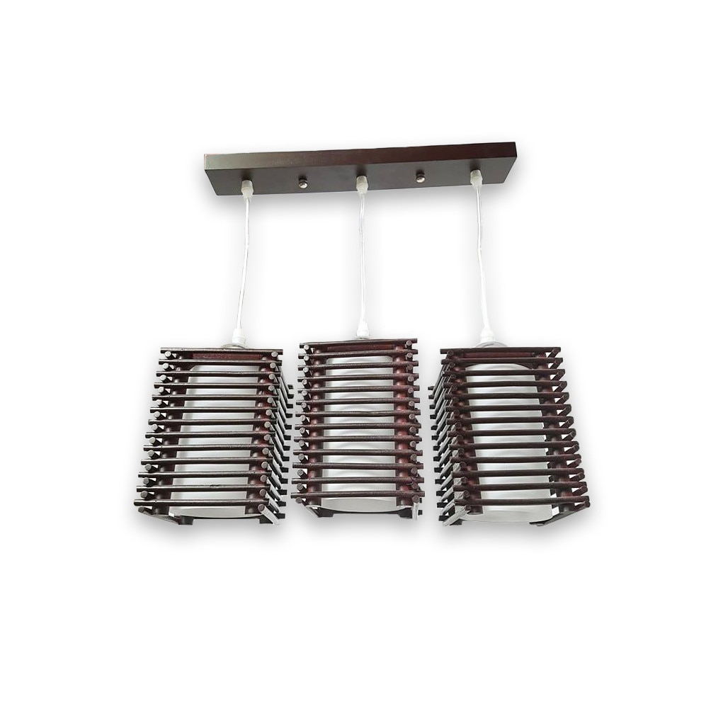 Lustra 6913/3, 3*E27, inaltime reglabila, schelet maro din lemn, abajur alb mat rotund