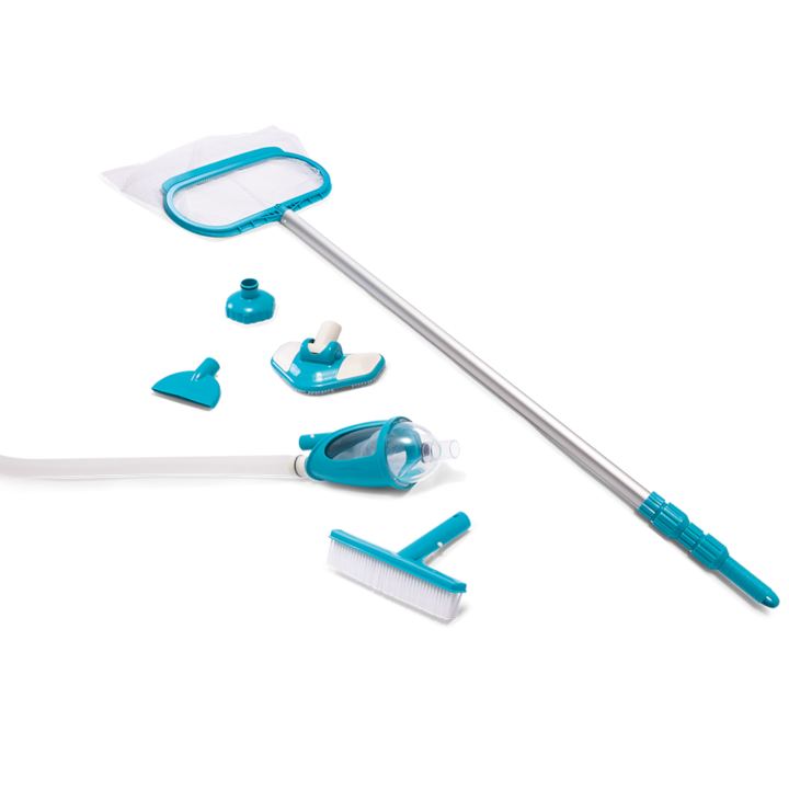 Kit curatare pentru piscina Deluxe Intex 28003, 5 piese - maner telescopic 279 cm, plasa frunze, adaptor cu perie, cap de aspirare, furtun 750 cm