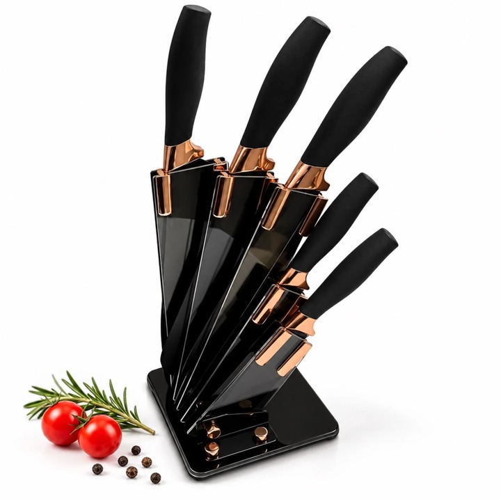 Set cutite de bucatarie VarioShop®, 6 piese, pentru legume, carne, paine si fructe, cu suport inclus, negru