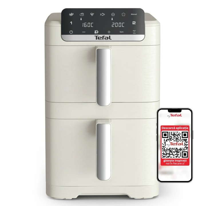 Двоен фритюрник с горещ въздух Tefal Easy Fry Crispy Stack EY752AE0, 2700 W, 10 L - фритюрник с 7 автоматични програми, 2 отделения, регулируема температура