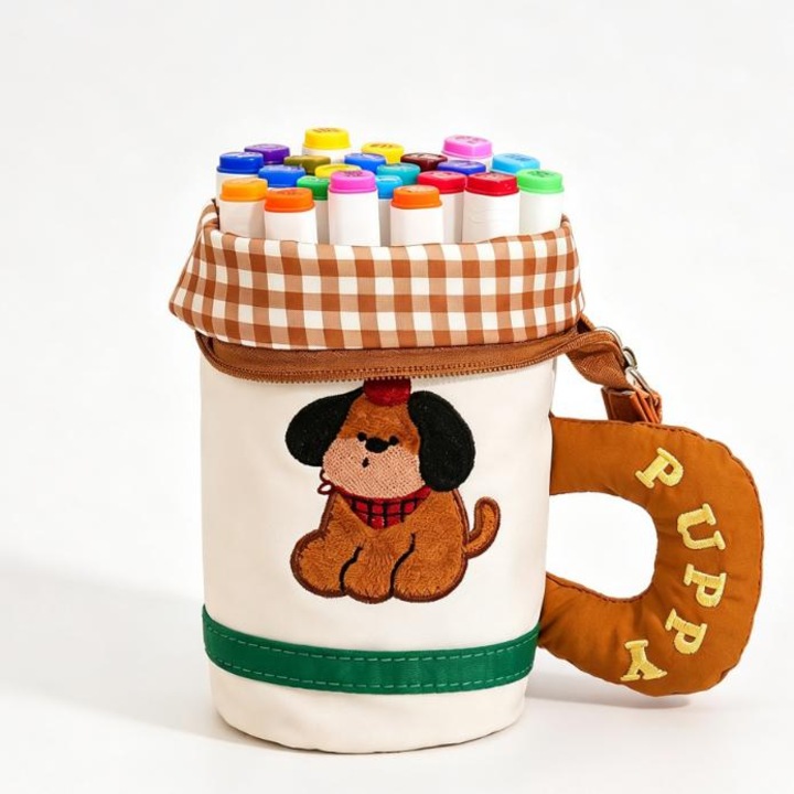 Несесер за моливи „Coffee Puppy“ във формата на чаша, Може да се сгъне и да служи като поставка за химикалки, Вместим несесер за ученици от начален етап, 17 × 15 × 6 см
