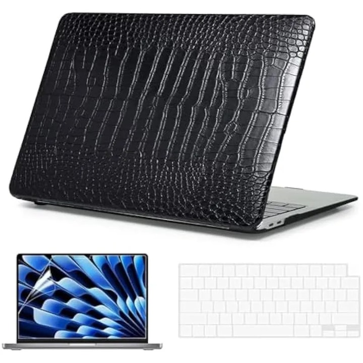 Husa din piele PU tip crocodil compatibila cu MacBook Neo 13 inch 2026 A3404 A18 Pro Chip, carcasa de protectie ultra-subtire cu capac transparent pentru tastatura + protectie de ecran pentru Macbook Neo 13", negru