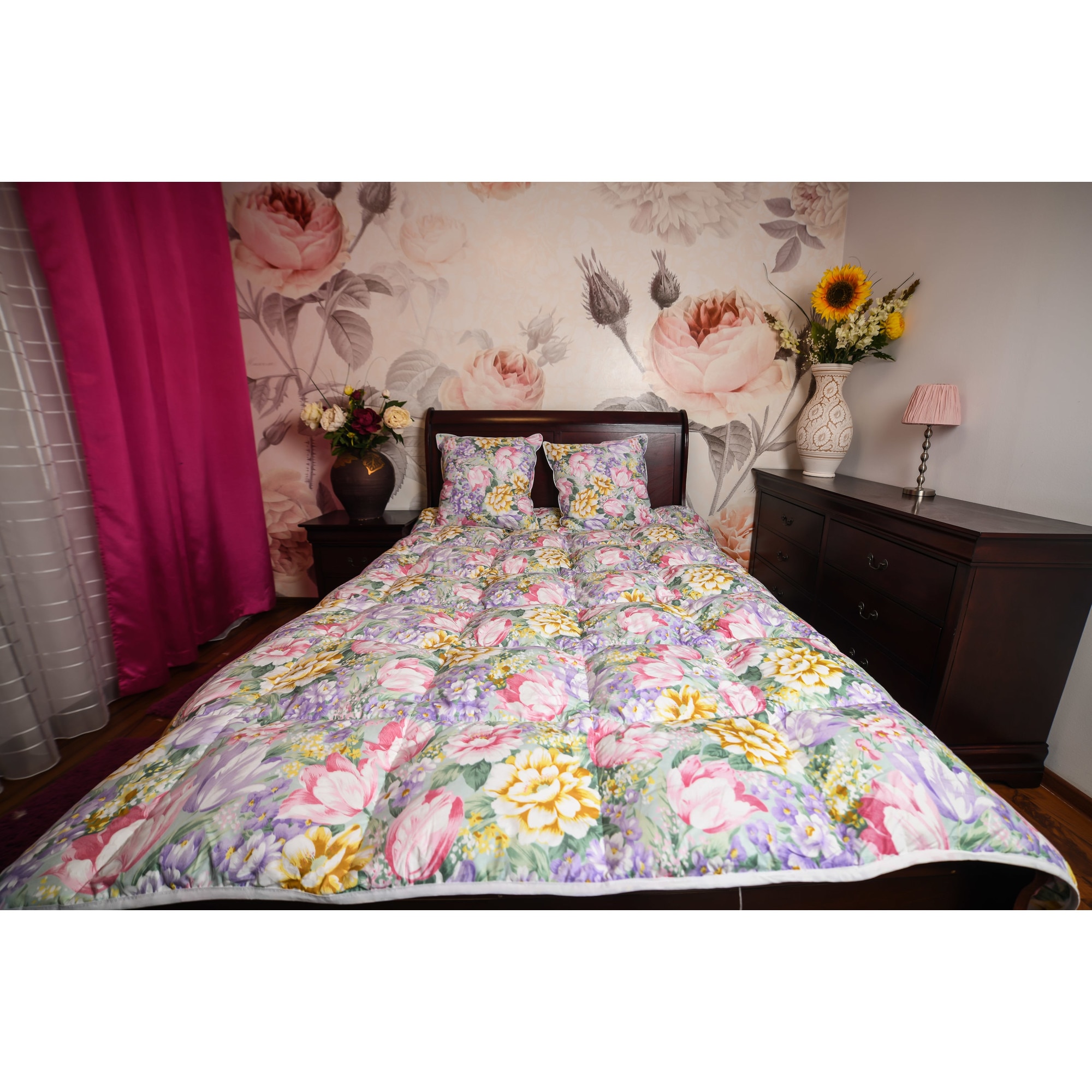 Pilota Pernador 160cm x200cm din puf si pana de gasca, flori mov