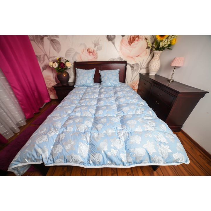 Завивка Pernador Soft 30, С пух и гъши пера, 140см x 200см, Синя със сребристи рози
