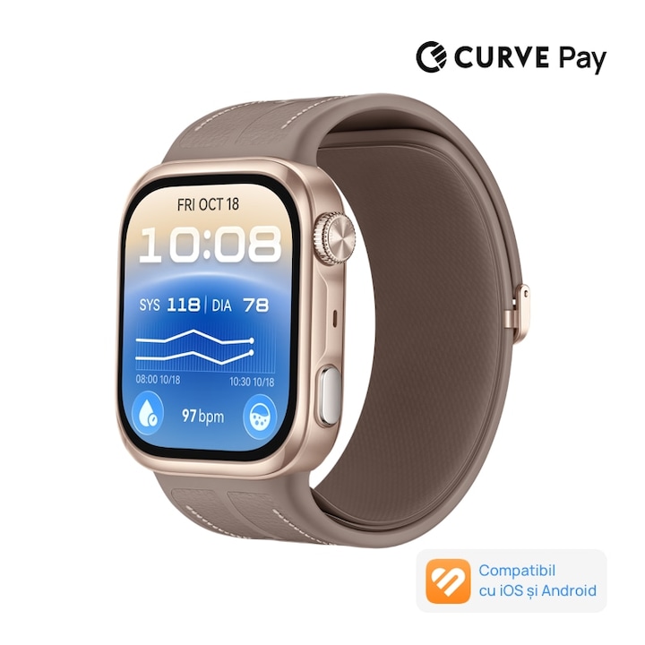 Smartwatch Huawei Watch D3, Carcasa Aluminiu, Curea Piele Compozita Mocha Gold, Monitorizarea Tensiunii Arteriale