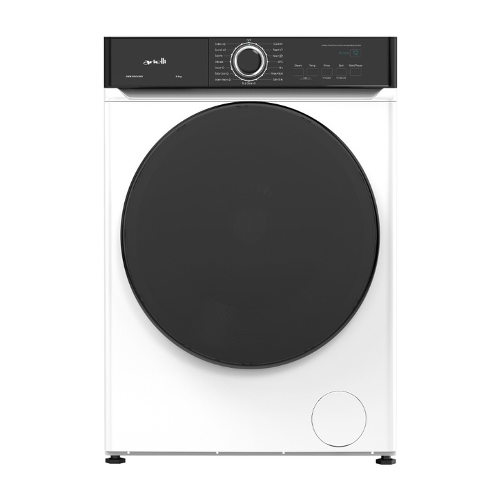 Masina de spalat rufe Arielli AWM-90454 INV, Inverter, Aburi, Baby Care, Autocuratare tambur, Start intarziat, Prespalare, Afisaj LED touch, 1400 rpm, 9 kg, Clasa A, Alba