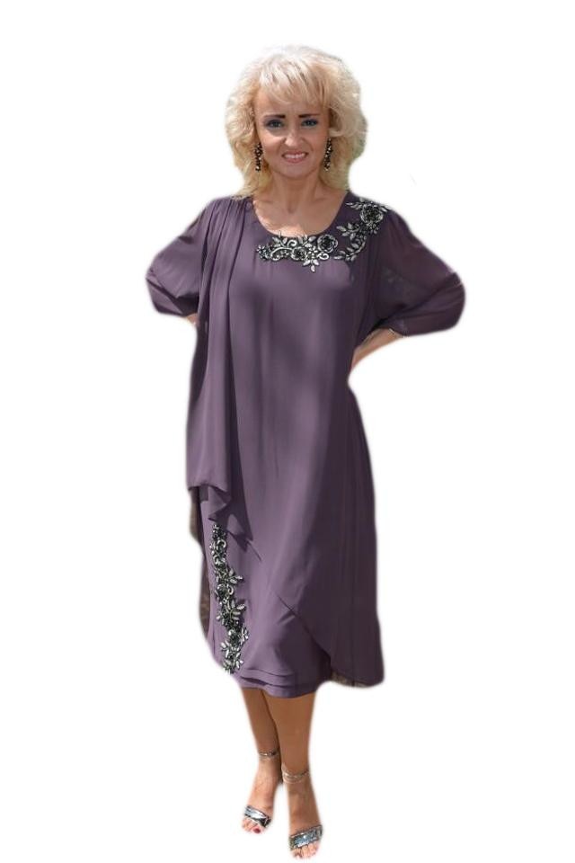 Rochie eleganta din material elastic si voal fin aplicat, D&J Exclusive, Mov