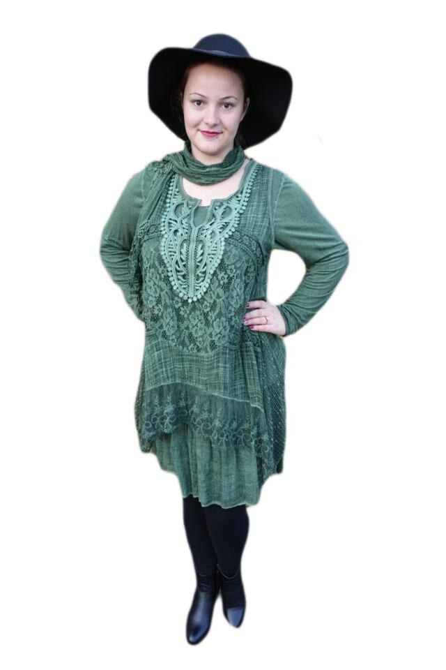 Rochie fashion cu dantela si lungime asimetrica,D&J Exclusive, Verde inchis