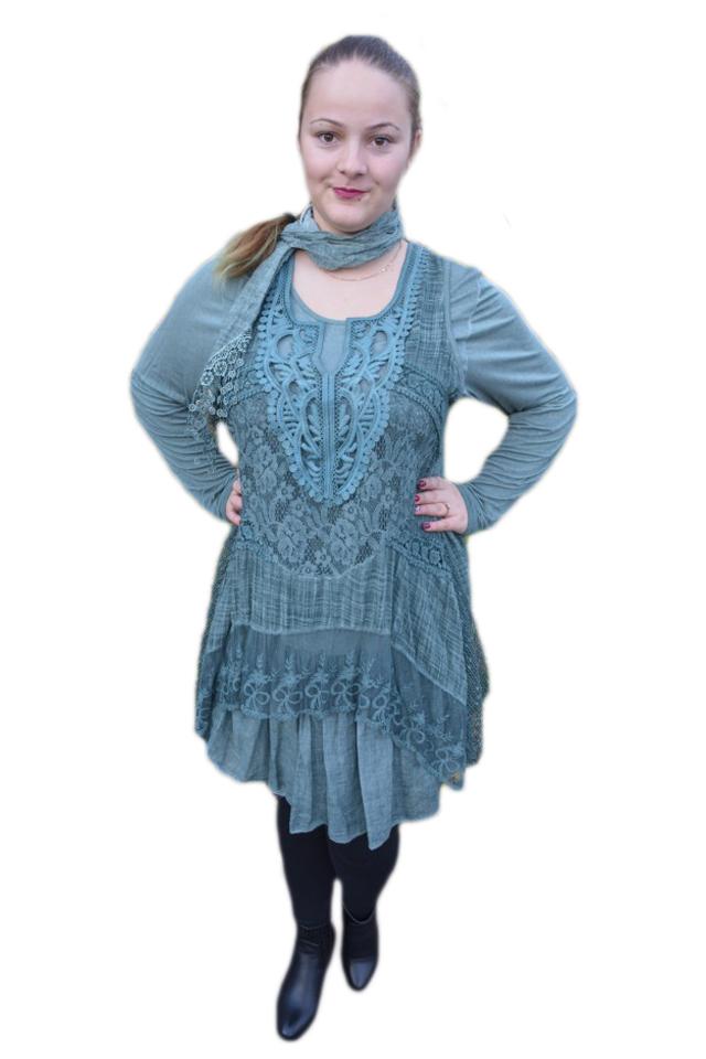 Rochie fashion cu dantela si lungime asimetrica,D&J Exclusive, Verde