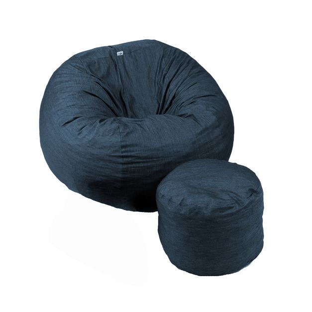 Set Fotoliu Puf pentru Copii (5-16 ani) Matusalem + Otoman - Denim (Gama Premium) umplut cu fulgi de burete memory mix®