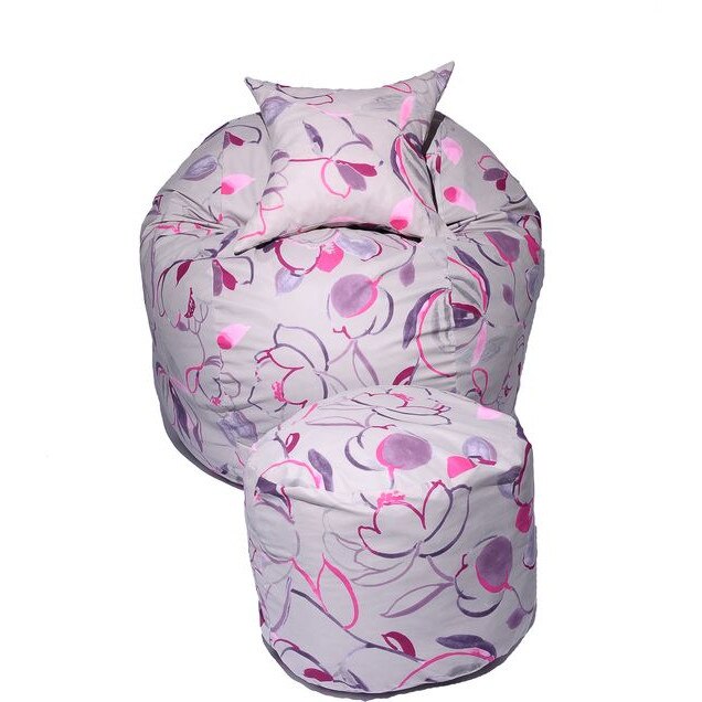 Set Fotoliu Puf pentru copii (5-16 ani) Matusalem + Otoman + Perna decorativa - Flower Buds (Gama Premium) umplut cu fulgi de burete memory mix®