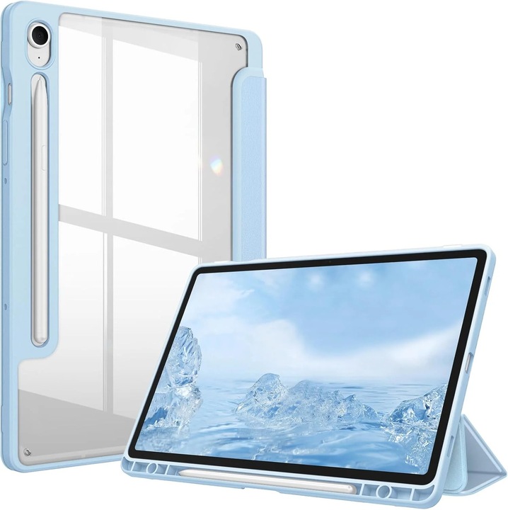 Husa Slim Sigloo, Smart Cover, Trifold, pentru Samsung Galaxy Tab S11 Utra, 2025(SM-930/SM-936)/ S12 Ultra(2026), 14.6", Spatele Transparent si suport Smart Pen, Albastru