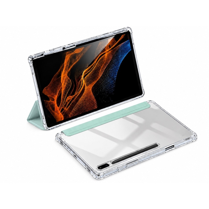 Husa Slim Sigloo, Smart Cover, Trifold, pentru Samsung Galaxy Tab S10 FE+ (SM-X620), 13.1", Spate Transparent si suport de Smart Pen, Verde Descis