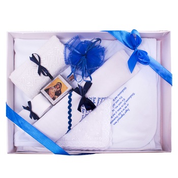 Set trusou pentru botez baieti 7 piese, Alb/Albastru, dae122-2 Set trusou pentru botez baieti 7 piese, Alb/Albastru, dae122-2