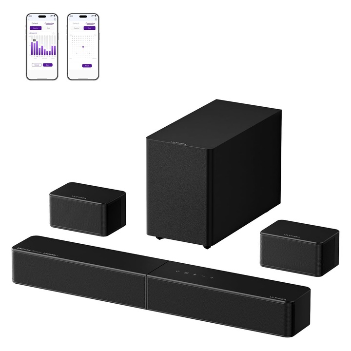 Soundbar Corenia QRE-5002464 5.1 Surround cu Dolby Atmos, 312 W, Bluetooth 6.0 cu Auracast, subwoofer wireless 5,25 inch, negru, 40 x 9 x 7 cm