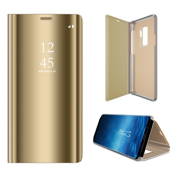 Husa Samsung Galaxy S9 - Flip Mirror tip Carte, Capac translucid, Aurie Husa Samsung Galaxy S9 - Flip Mirror tip Carte, Capac translucid, Aurie