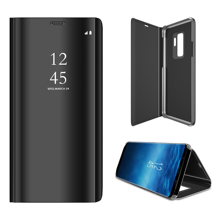 Husa Samsung Galaxy S9 Plus - Flip Mirror tip Carte, Capac translucid, Neagra