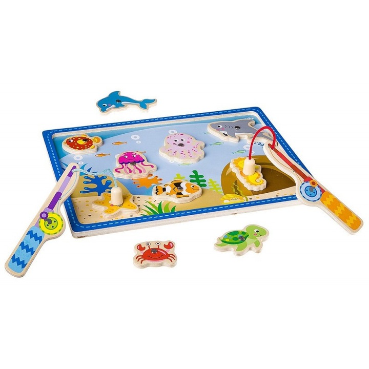 Joc La pescuit Tooky Toy, 10 creaturi marine, lemn