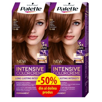 Pachet promo: 2 x Vopsea de par permanenta Palette Intensive Color Creme R4 Castaniu Mediu, 2 x 110 ml Pachet promo: 2 x Vopsea de par permanenta Palette Intensive Color Creme R4 Castaniu Mediu, 2 x 110 ml