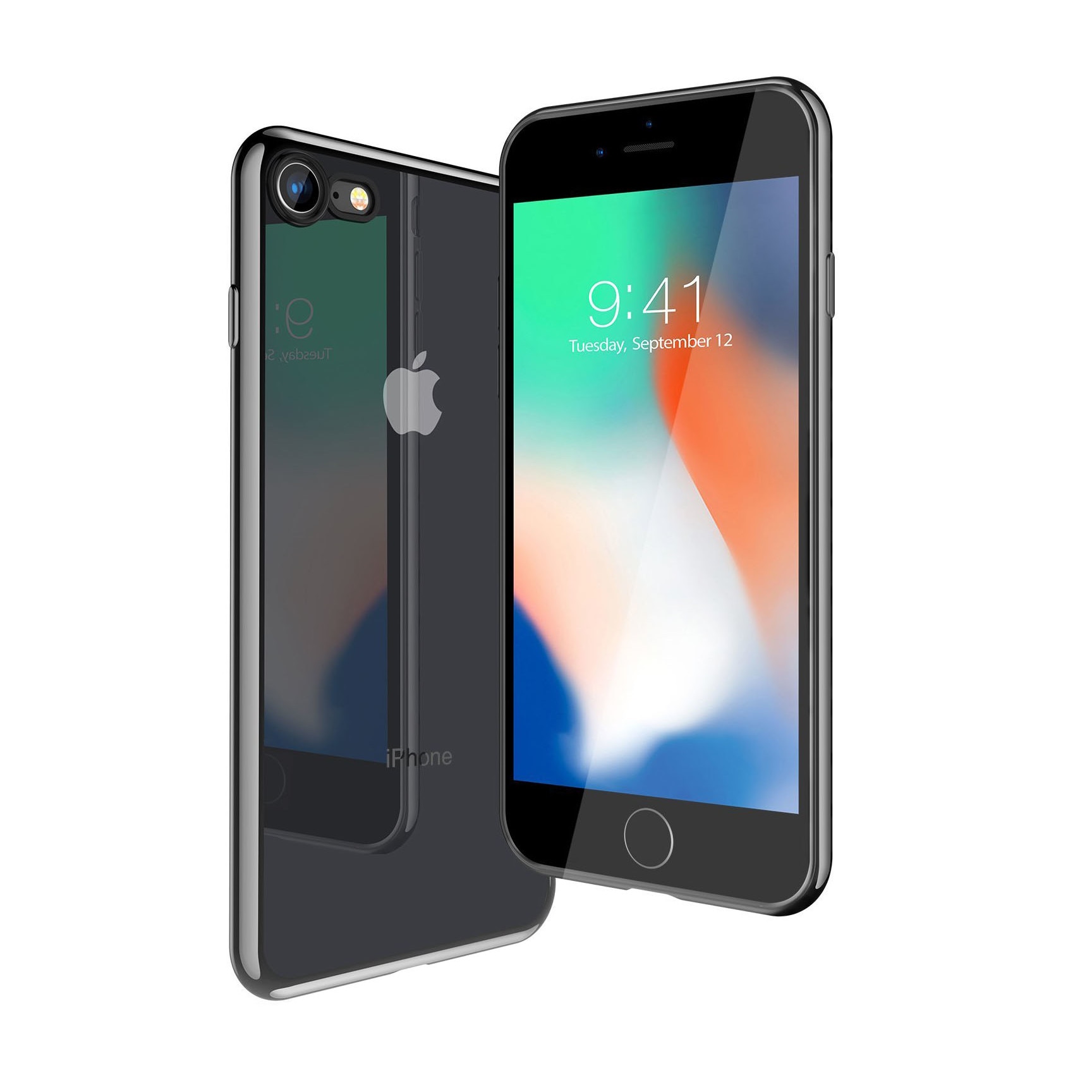 Husa iPhone 8 / iPhone 7, Silicon ultraslim, cu spate transparent si cadru, Negru