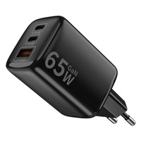 Incarcator retea GaN mini, PRESTIGE CHARGE®, 65W, 3 porturi 2x USB-C + 1x USB-A, PD 3.0 pe USB-C, QC 3.0 si AFC pe USB-A, compatibil iPhone 15-17 Pro/ProMax si Samsung, negru, incarcare rapida si sigura pentru telefon, smartwatch si casti wireless