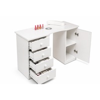 Masa manichiura profesionala Invincio Nail Pro, cu aspirator de praf Vortex de mare putere, birou cu 4 sertare si dulap lateral, perna maini inclusa, material laminat usor de curatat, alb, 120x45x76 cm