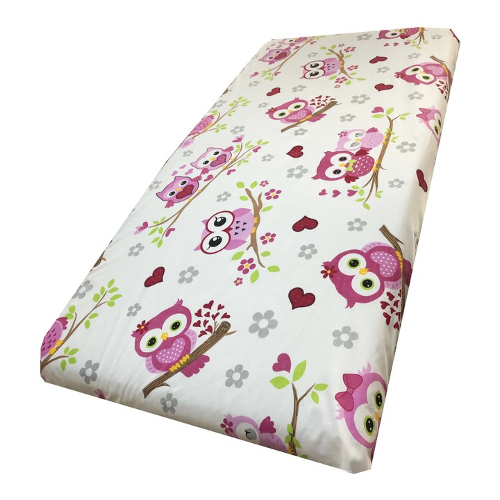 Pamut lepedő 120x60 cm gumírozott sarokkal Deseda Bagoly rózsaszín