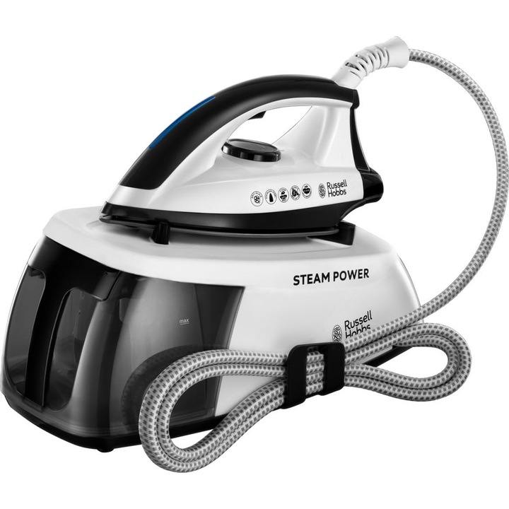 Statie de Calcat cu Abur Russell Hobbs Steam Power 24440-56, 2400 W, 4.5 Bar, Debit Abur 90 g/min, Boost 110 g/min, Rezervor 1.3 L, Alb/Negru